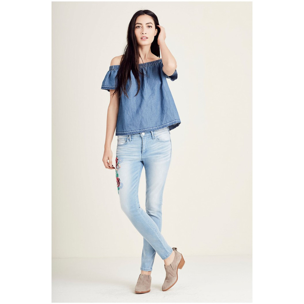 True Religion Women's Off The Shoulder Top in Indigo - Picture 3 of 5
